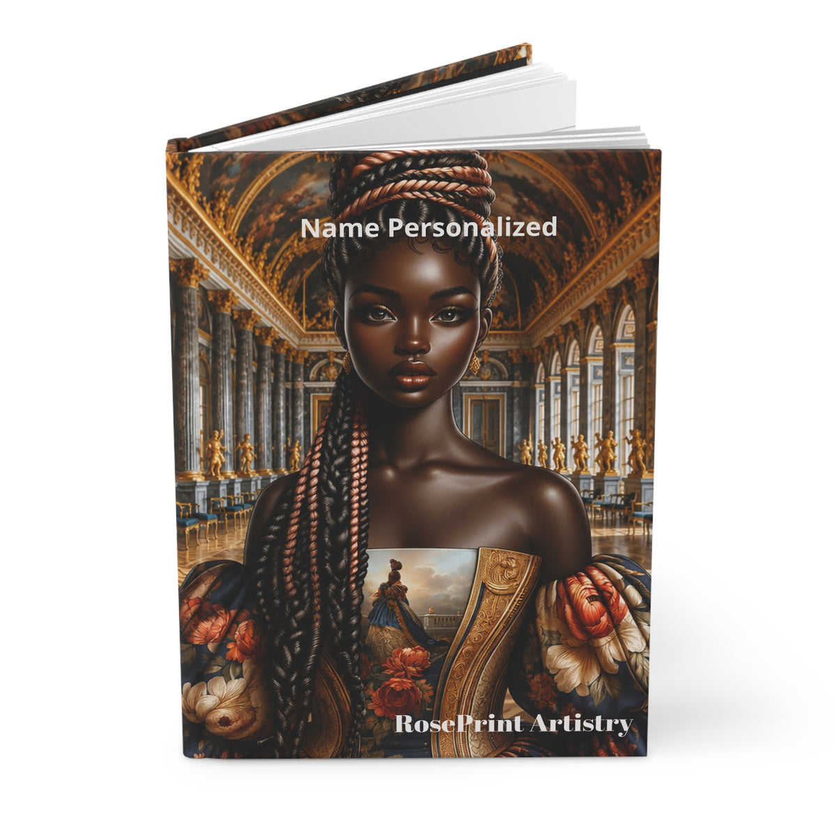 Personalized Black Woman Hardcover Journal | Noir Versailles Glow | Custom Name Lined Notebook, Elegant Gift for Her