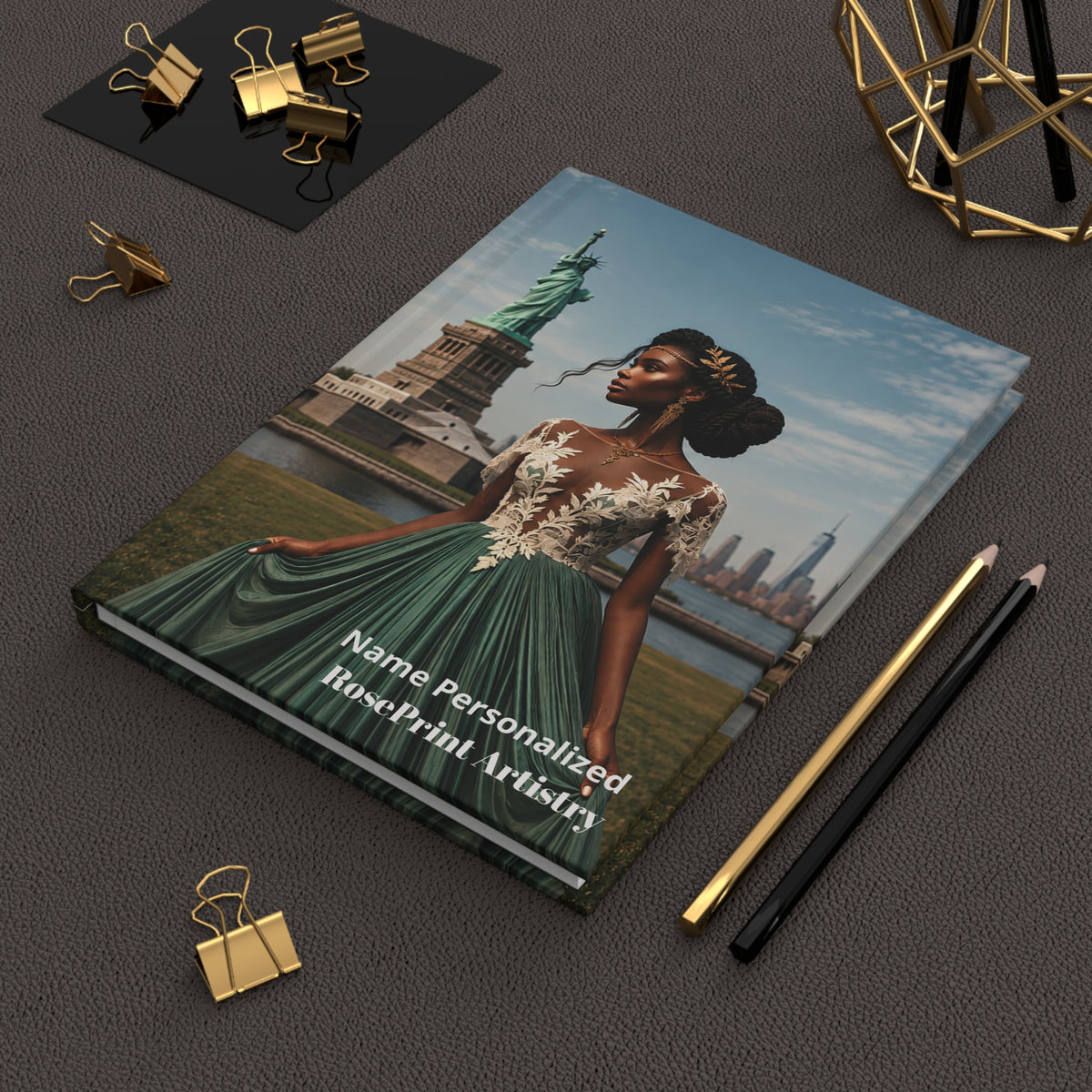 Personalized Black Woman Hardcover Journal | Noir Liberty III | Custom Name Lined Notebook, Elegant Gift for Her