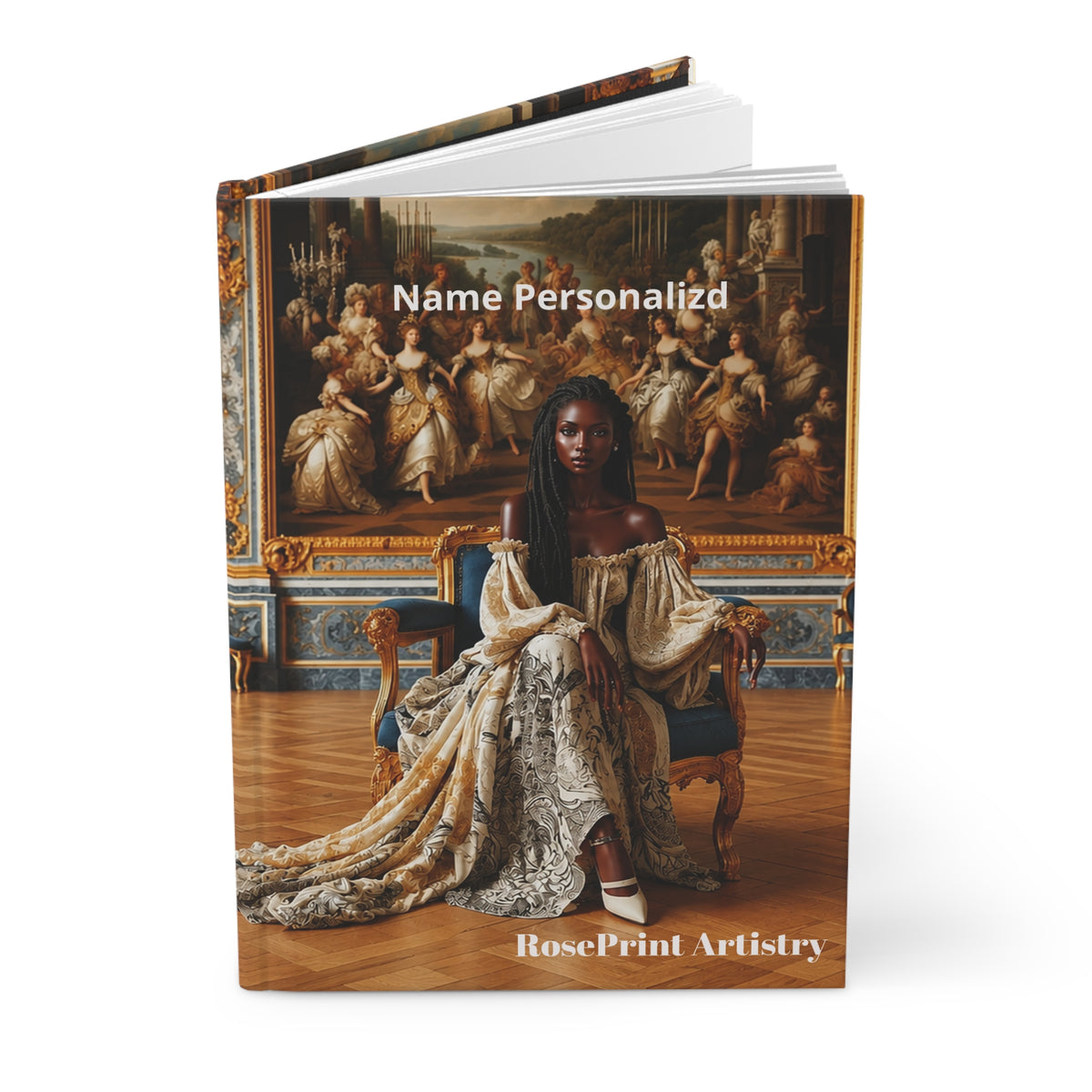 Personalized Black Woman Hardcover Journal | Noir Versailles I | Custom Name Lined Notebook, Elegant Gift for Her