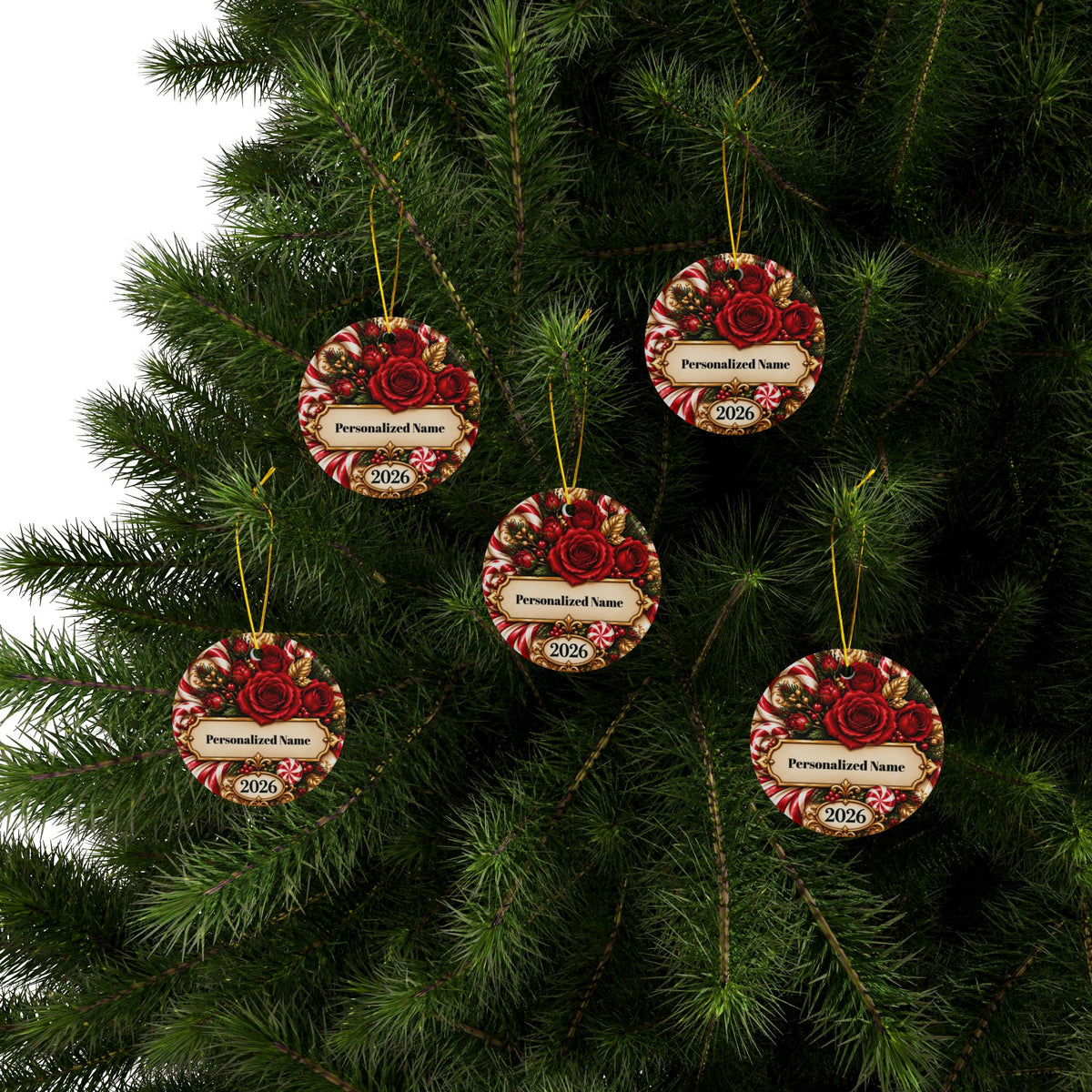Festive Candy Cane Rose Personalized Christmas Ornament - Double-Sided Ceramic Keepsake