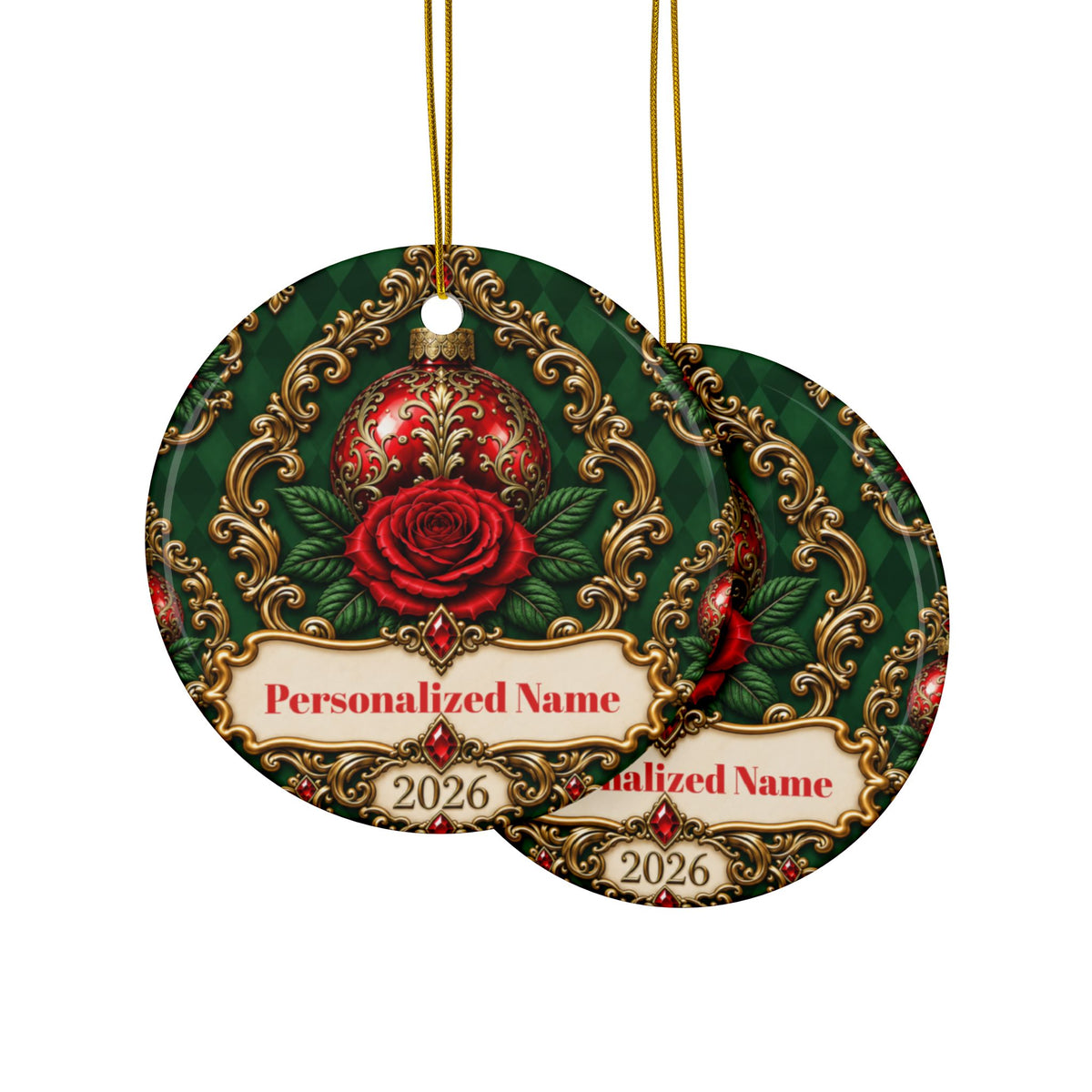 Hunter Rose Vintage Personalized Christmas Ornament - Double-Sided Ceramic Keepsake