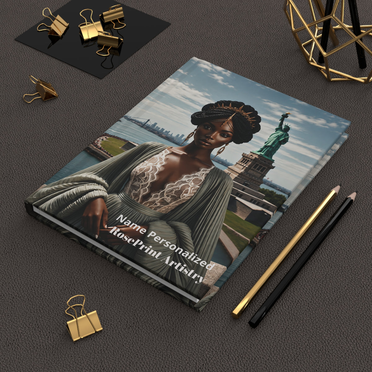 Personalized Black Woman Hardcover Journal | Noir Liberty II | Custom Name Lined Notebook, Elegant Gift for Her