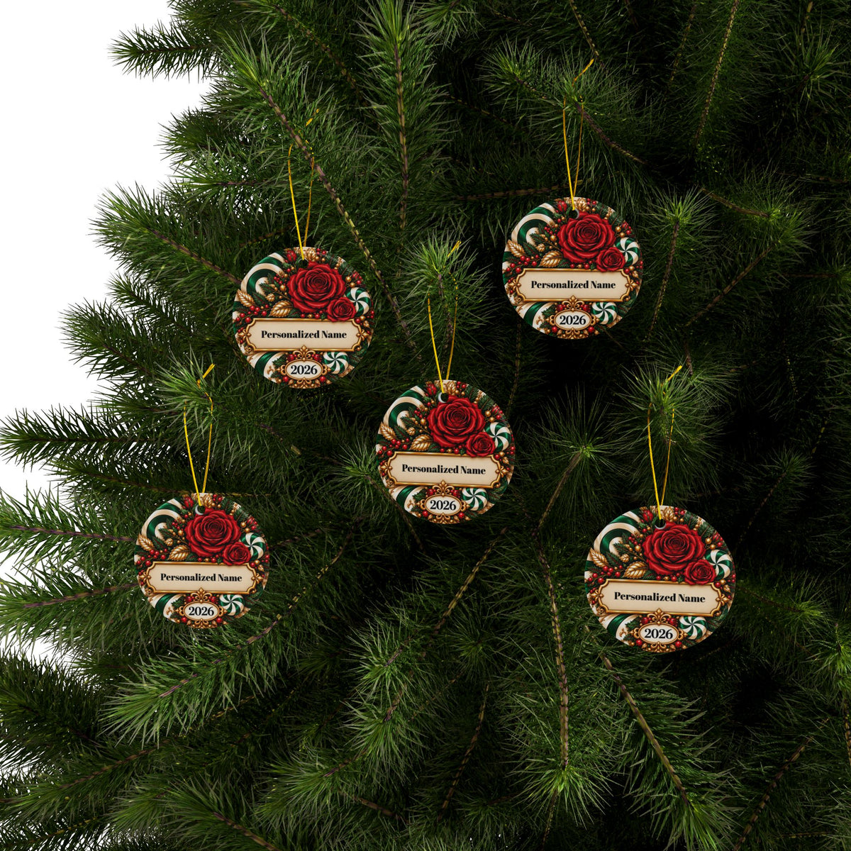 Candy Cane Rose - Green Personalized Christmas Ornament - Double-Sided Ceramic Keepsake