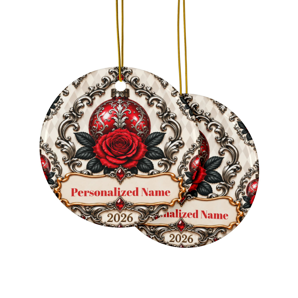 Red Rose Vintage Personalized Christmas Ornament - Double-Sided Ceramic Keepsake