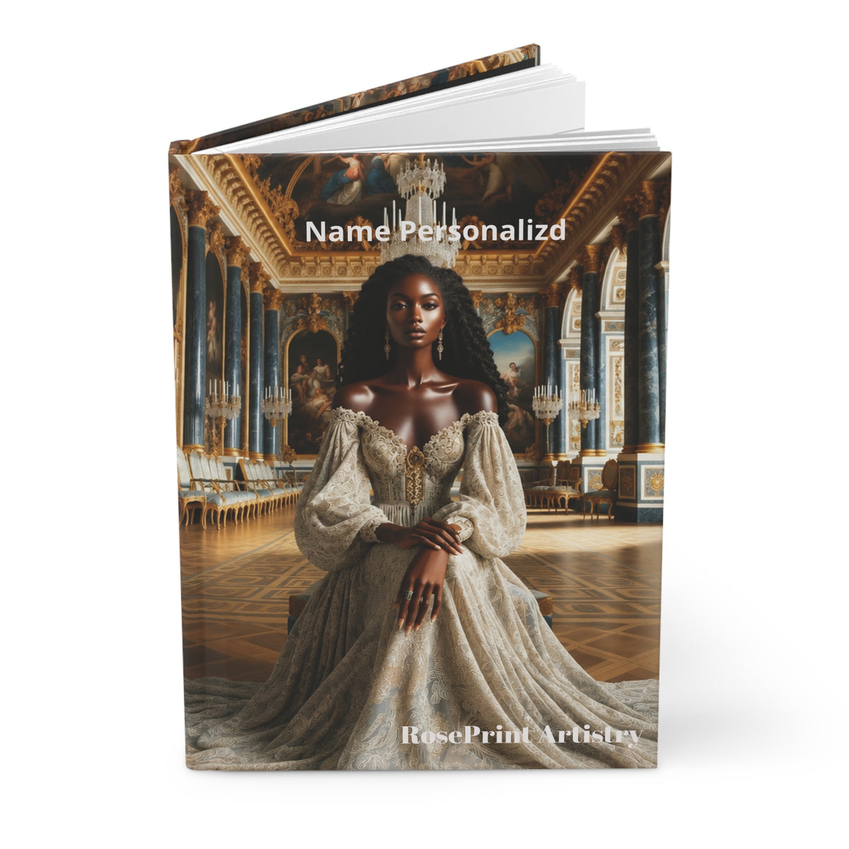 Personalized Black Woman Hardcover Journal | Noir Versailles III | Custom Name Lined Notebook, Elegant Gift for Her
