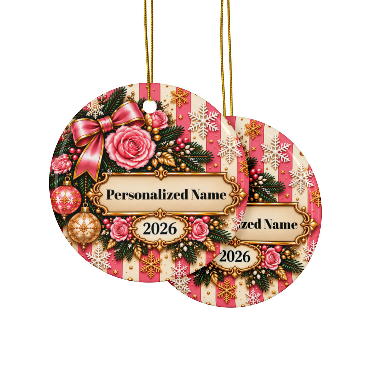 Pink Stripe Christmas Personalized Christmas Ornament - Double-Sided Ceramic Keepsake